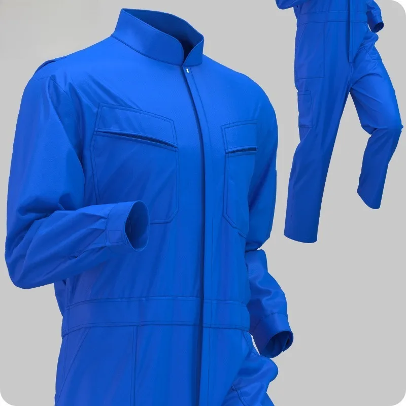 

Solid Color Stand Collar Jumpsuit with Multiple Pockets for Mechanics & Factory Workers Men's Coverall Work Uniform