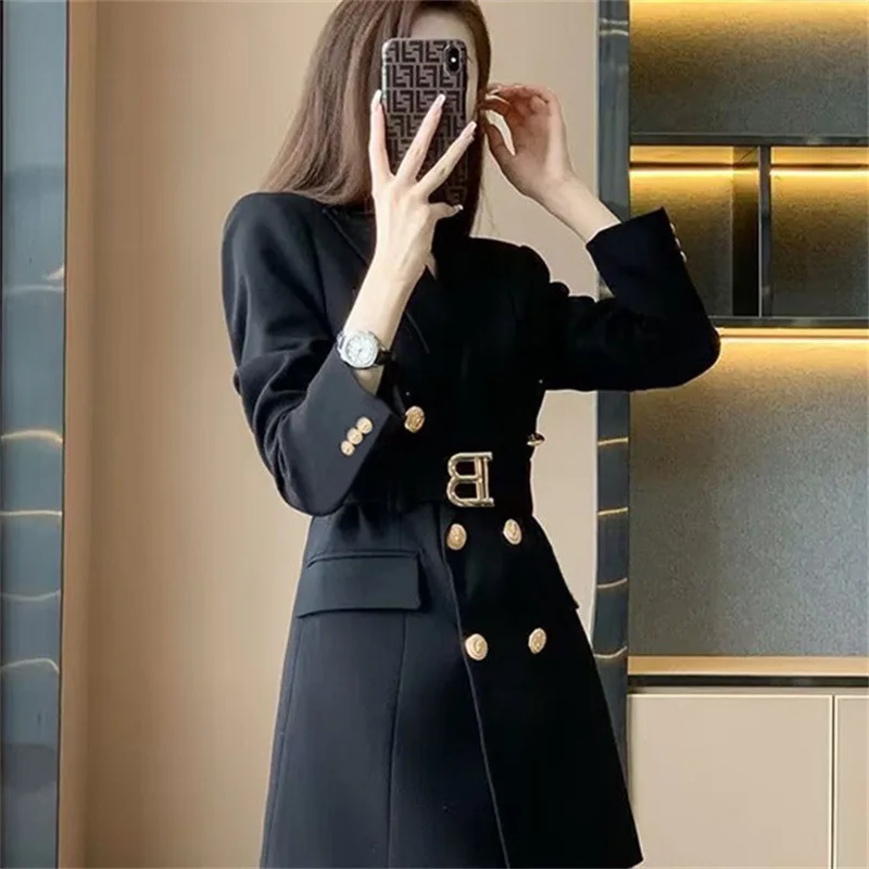 

New Design Women's Casual Mid-Length Suit Jacket Korean Style Spring Autumn Slimming Effect Polyester Thin Folded Fabric