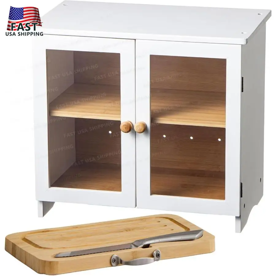 

LuvURkitchen Large White Bread Box For Kitchen Countertop Comes With Thick Bamboo Cutting Board And Stainless Steel Bread Knife