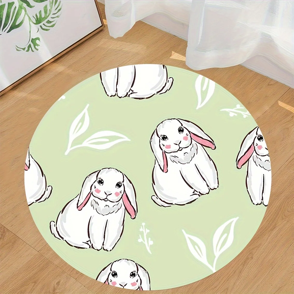 

Crystal velvet carpet2D Flat Print, not 3D, 1pc Cute Bunny Pattern Round Mat- Soft, Non-Slip, Washable Flannel Mat with Mint Gre