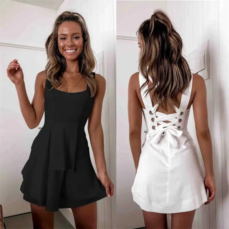 

Women's Dress Casual Summer Solid Thick Strap Sleeveless High Waist Layered Design Cross Tie Detail Back Slim Fit Mini Dress