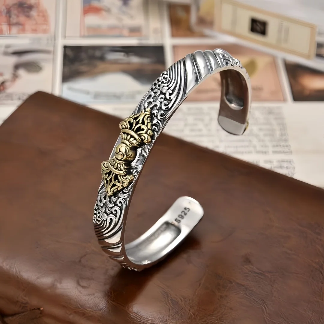 BOCAI  S925 Sterling Silver Charms Bangle for Men Women Antique Vajra Pestle Pattern Amulet Bracelet Fine Choice Jewelry