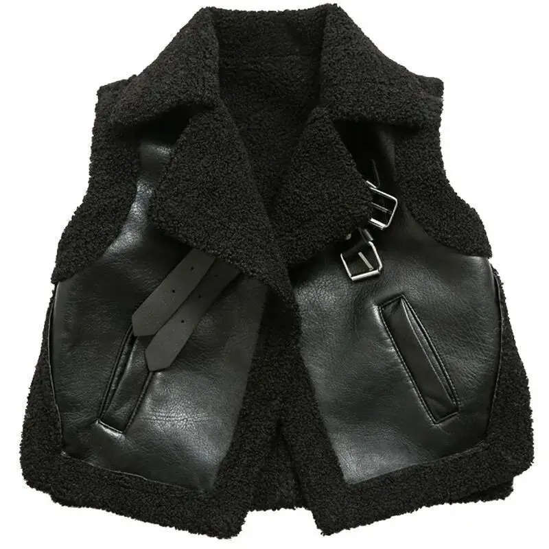 Children's leather vest spring and autumn winter new boys and girls PU leather vest motorcycle suit with thick velvet jacket
