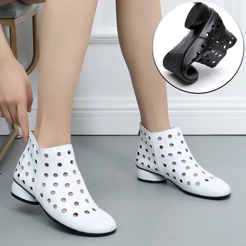 GKTINOO-Botines de piel auténtica para Mujer, Zapatos de tacón medio alto, con cremallera trasera, recortados, transpirables, para verano, 2024