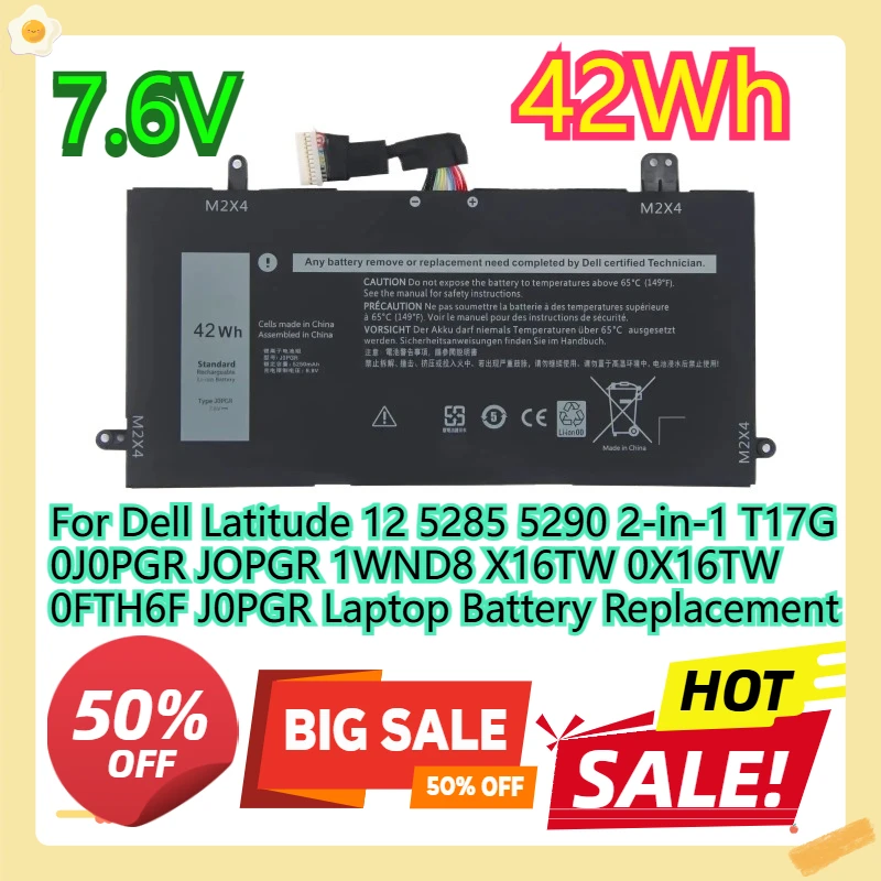 For Dell Latitude 12 5285 5290 2-in-1 T17G 0J0PGR JOPGR 1WND8 X16TW 0X16TW 0FTH6F J0PGR Laptop Battery Replacement 7.6V 42Wh