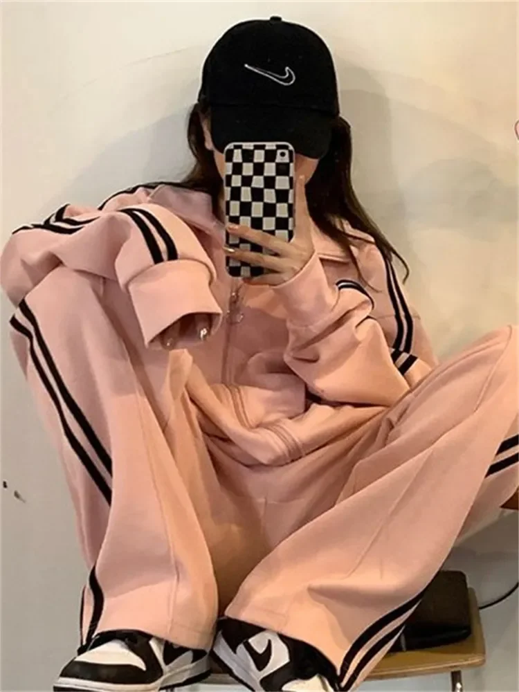 Korean Fashion Jogging Tracksuit Women Y2K Preppy Style Pink Pant Sets Loose Kpop Streetwear Sweatpants Striped Hoodie Autumn