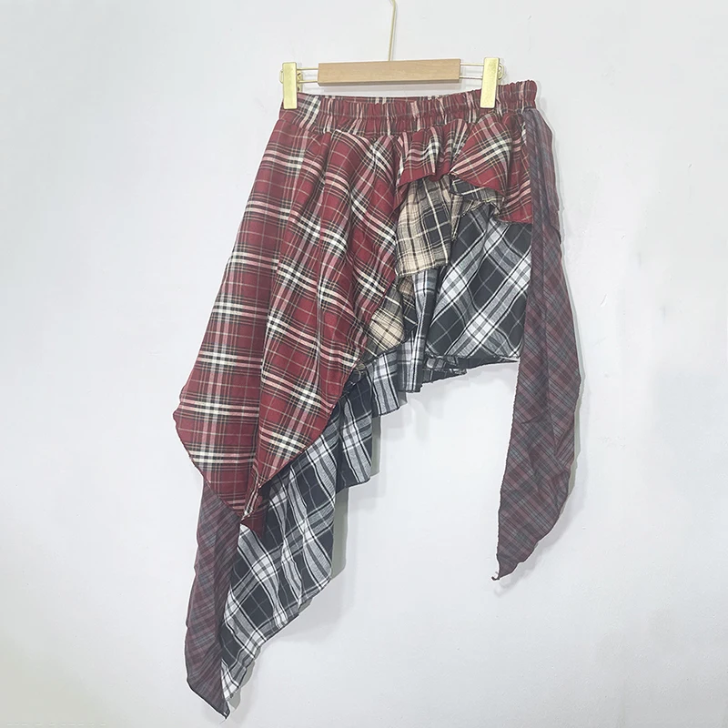 [EWQ] Streetwear High Waist A-line Skirts Vintage All-match Clothing Irregular Patchwork Red Plaid Design Skirt Faldas 16U9037