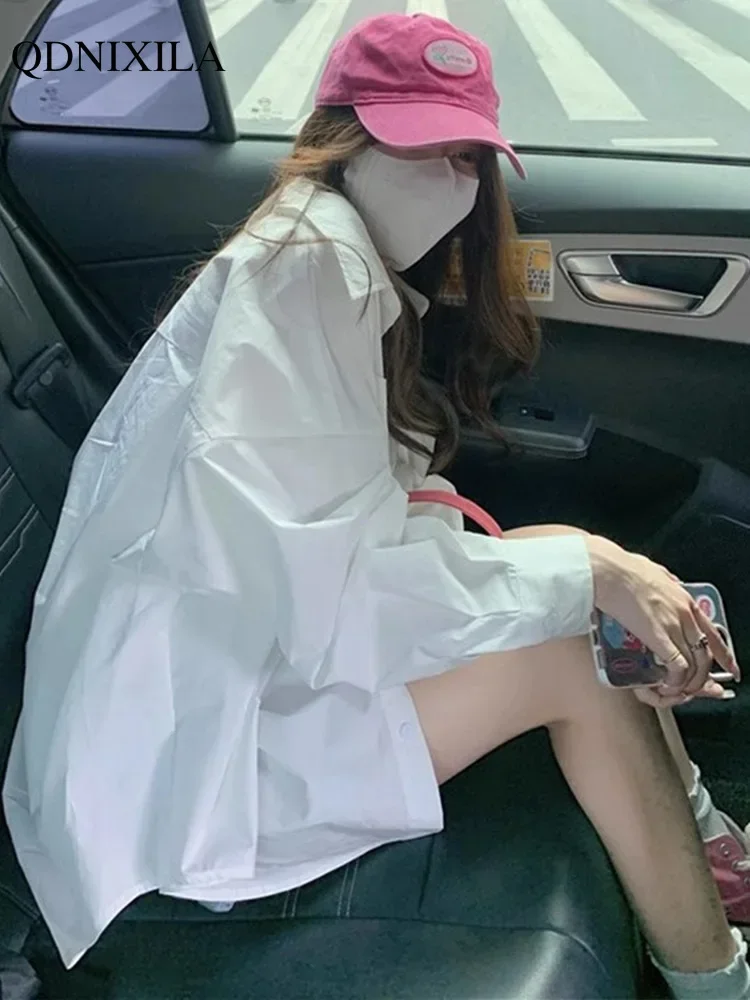 

2025 Spring Summer Women's Oversized White Shirt French Style Loose Blouse Fashion Cotton Top Casual Sun Protection Outerwear