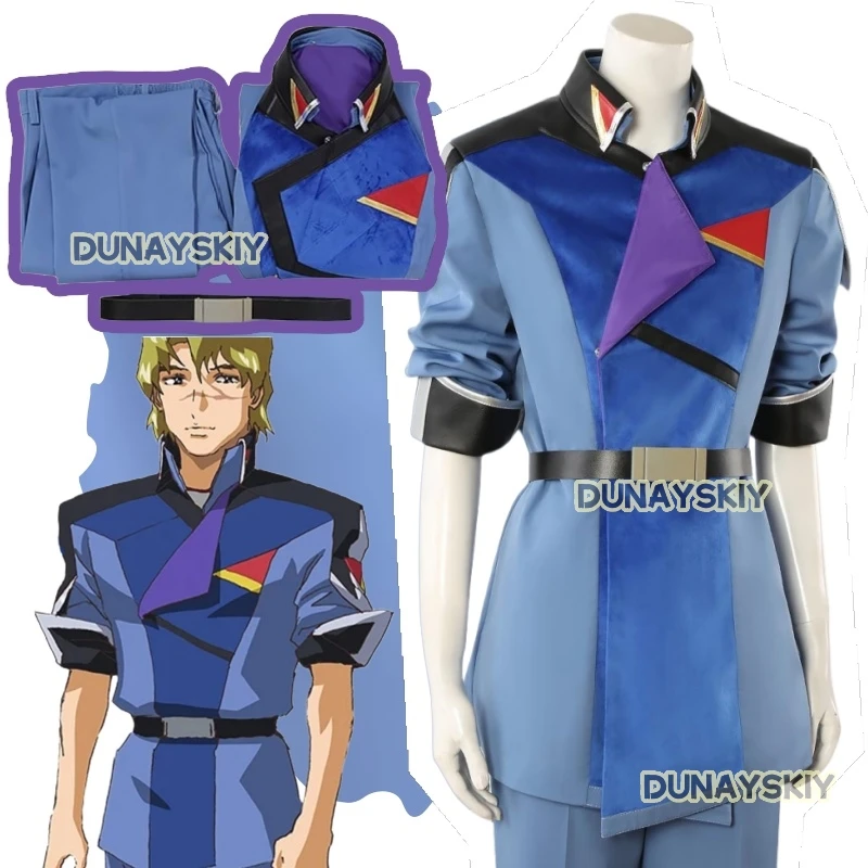 Mobile suit gundam seed freedom Cosplay Mu La Flaga Costume Top pants belt Casual Men's Suit Party Carnival Full Set Uniform