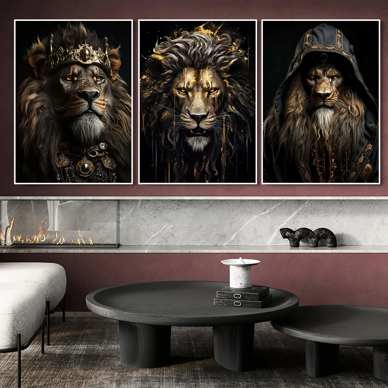 Pósteres e impresiones de animales feroz, pintura en lienzo del Rey León con corona, imagen artística de pared motivacional, decoración del hogar para sala de estar