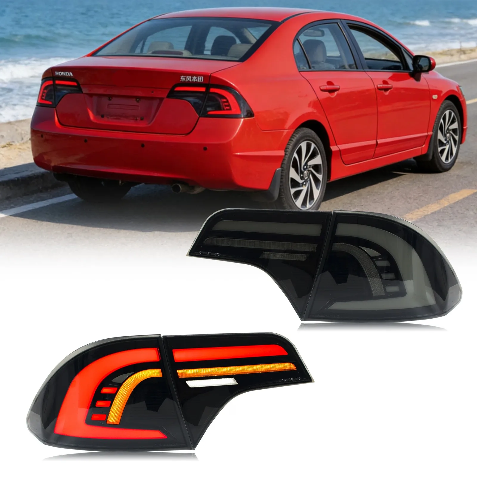 

LED Tail Lights For Honda Civic 2006-2011 VII Sedan Saloon Sequential Turn Signal Dynamic Animation Black Rear Lamps Assembly
