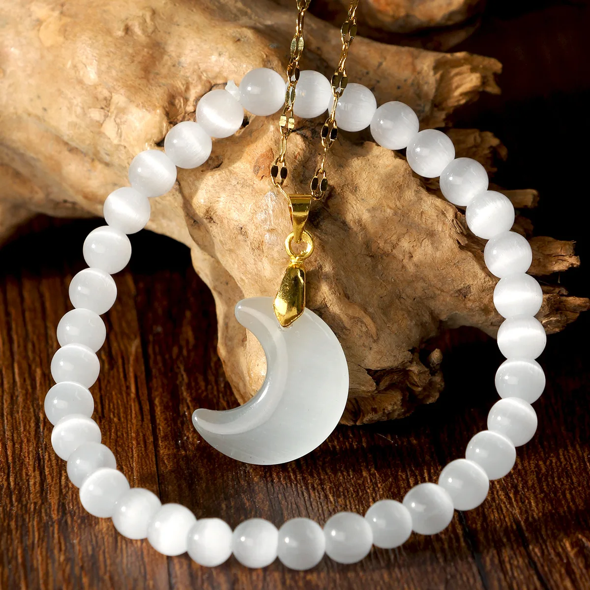 Meetvii Natural Moonstone Cat Eye Necklace & Bracelet Set for Women Handmade Beaded Jewelry Gold-plating Anti-Discoloration