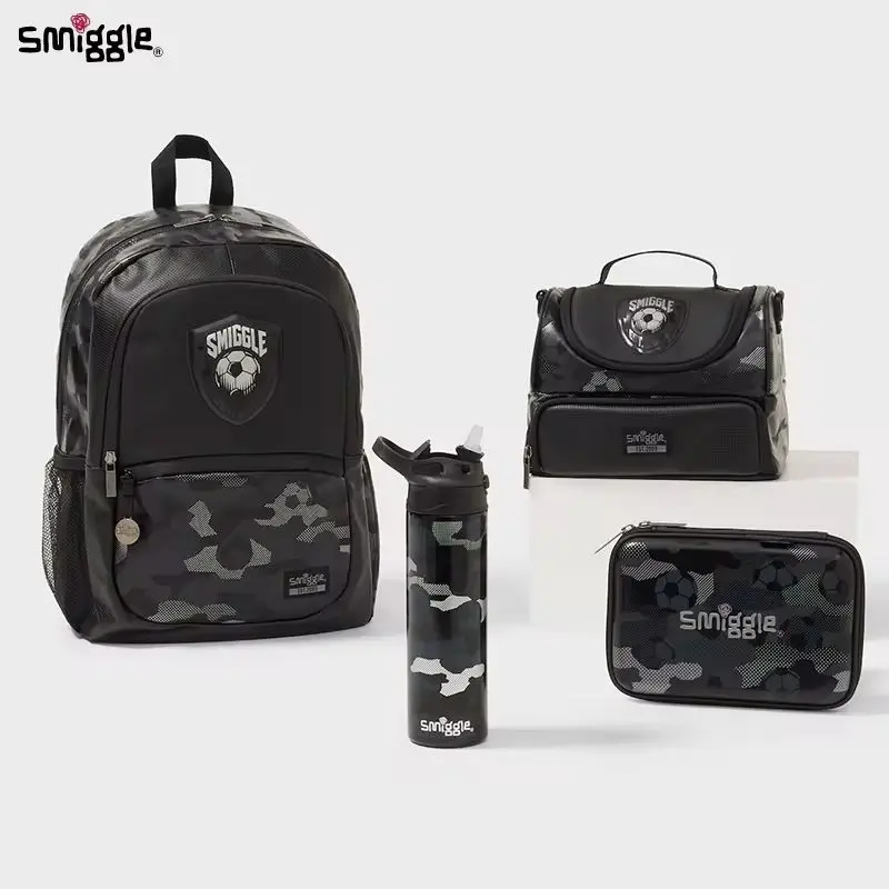 New Australian Smiggle Black Football Backpack For Students Large Capacity Lightweight Schoolbag Meal Bag Office Stationery Set