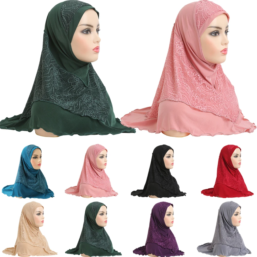 Malaysia Muslim Women Hijab Lace One Piece Amira Instant Scarf Islamic Prayer Full Cover Shawls Ramadan Caps Turban Wrap 70*60Cm