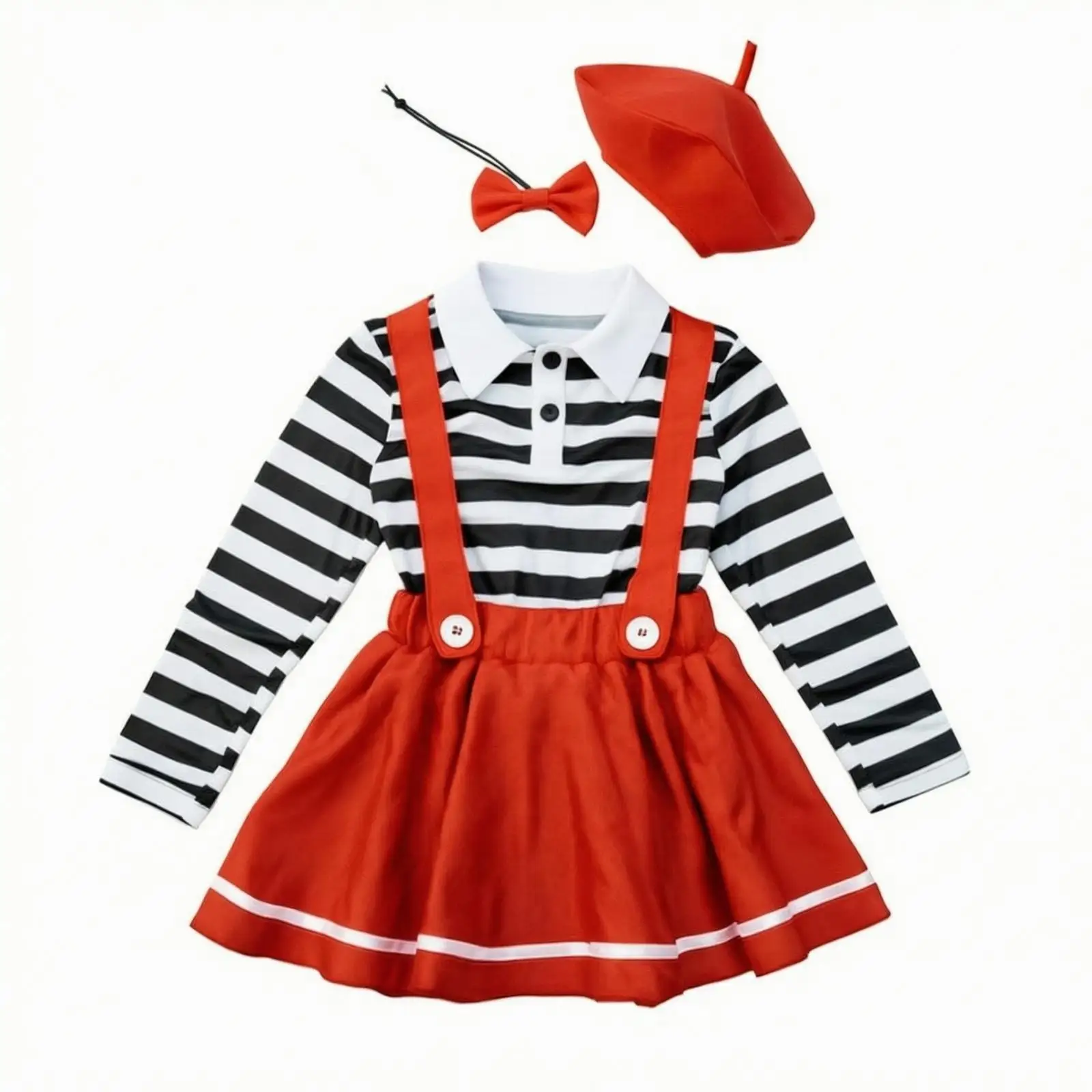 Child Carnival Costume Dress Set with Red Hat and Bow Tie for School Play Photo Memory Fun