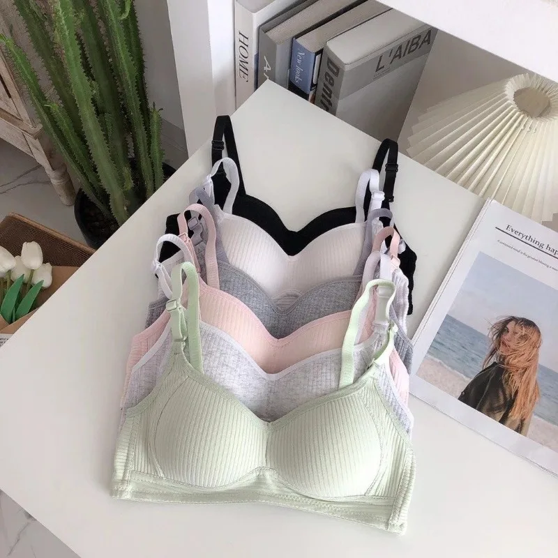 Young Girls Simple Gather Bras  Adjustable Breathable Cotton Bra Underwear Pure Color No Steel Ring Developmental Bralette