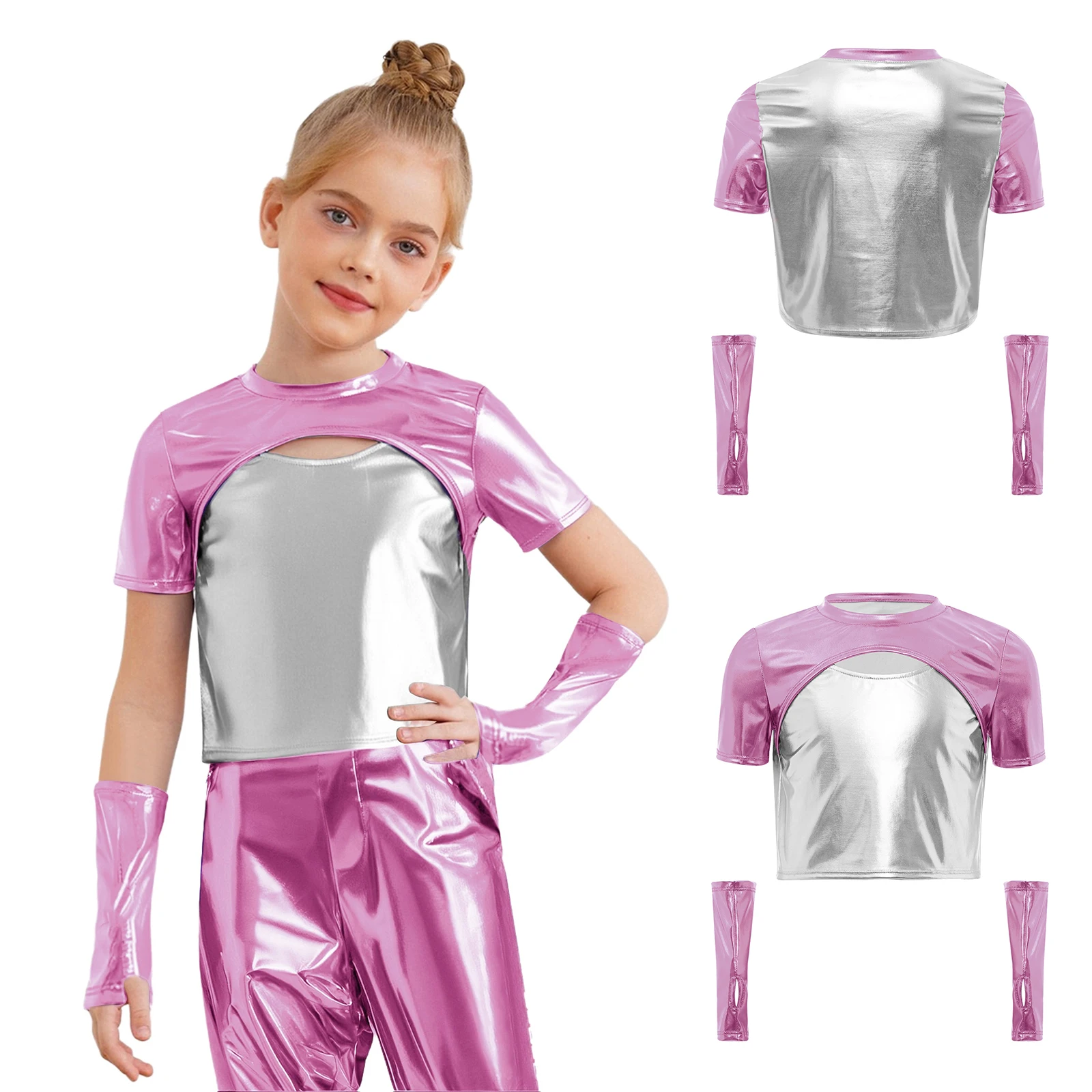 

Kids Girls Hip-Hop Jazz Dance Tops Round Neck Short Sleeve Cutout Front Color Block Metallic T-shirt Top with Gloves Halloween