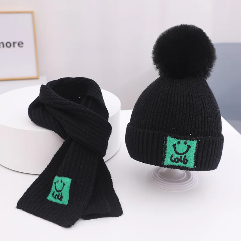 Winter girls kid thick warm beanies cap scarf two pcs set boys faux pompoms Smiling face embroidery elastic knnit hat baby cap