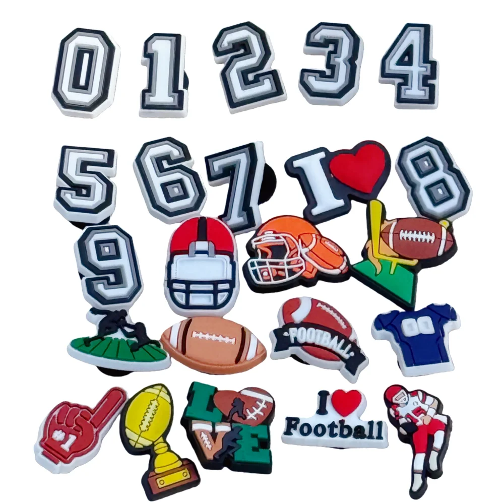 23-100Pcs Cartoon Sport Rugby Love Football Number PVC Shoes Charms Clogs Pins Sandals Shoes Decoration Kids Xmas Party Gift