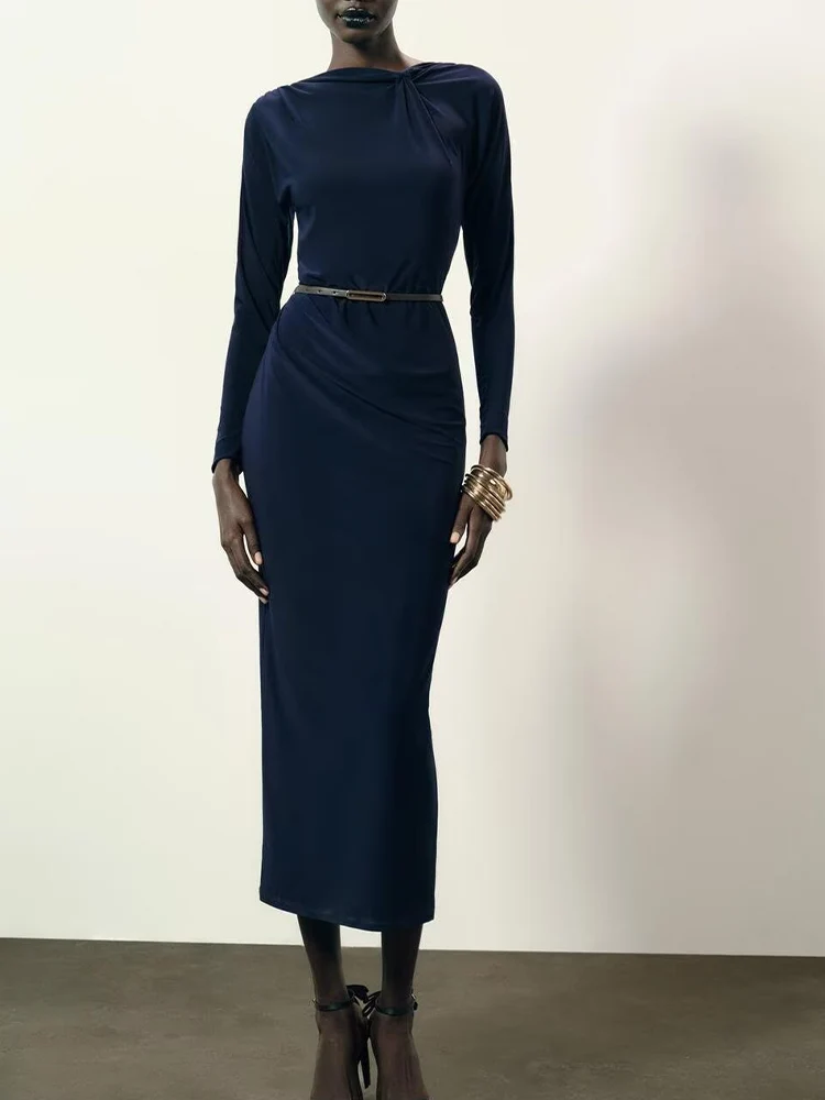 欧米風秋の新作トレンドシンプルレディース服ドレープ長袖ストレートベルトプリーツワンピース