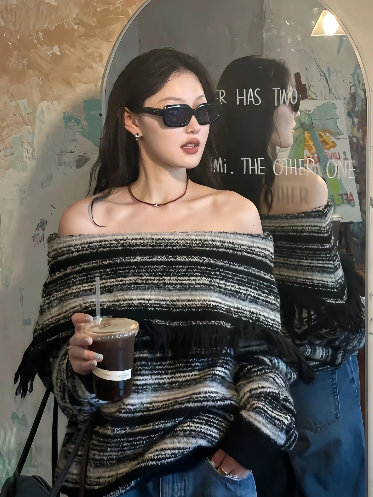 

Deeptown Vintage Striped Sweater Sexy Women Off Shoulder Harajuku Grunge Knitwear Jumper Y2k Long Sleeve Pullovers Aesthetics