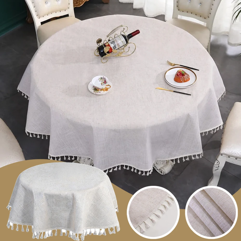 

60/90/160/180cm Linen Fabric Dust-Proof Table Cover with Tassel Round Solid Color Tablecloth Kitchen Dinning Table Decoration
