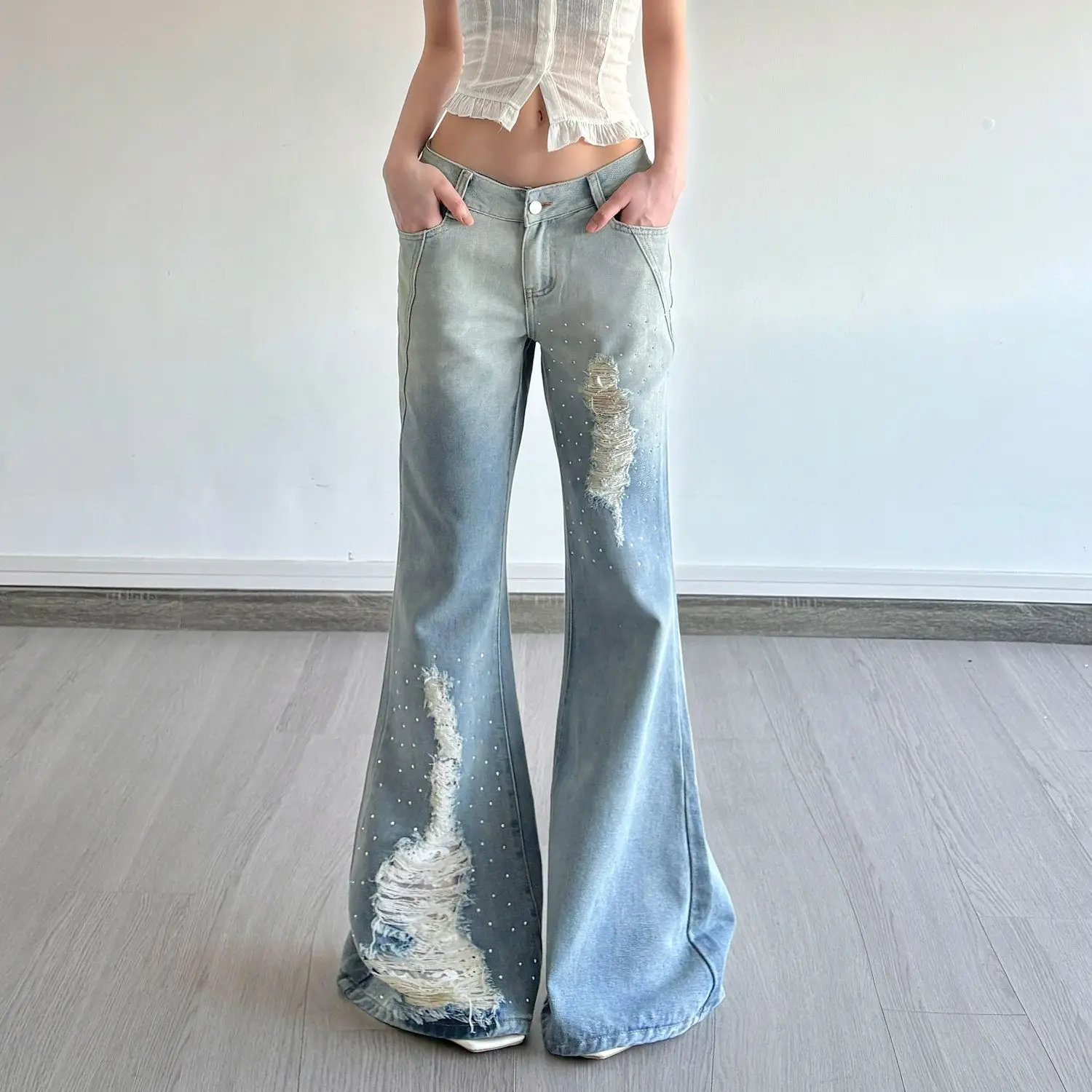 

American Gradient Casual Ripped Jeans Women Spring Summer New Low-Waisted Diamond Slim Fit Sexy Trousers