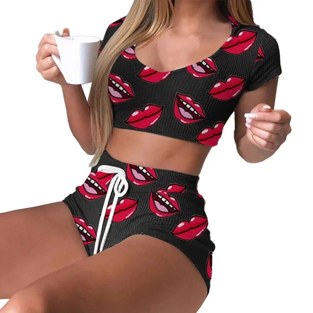 Sleepwear Women Lingerie Set All Season Daily Homewear Lips Print Pajamas Polyester Regular Slightly Stretched