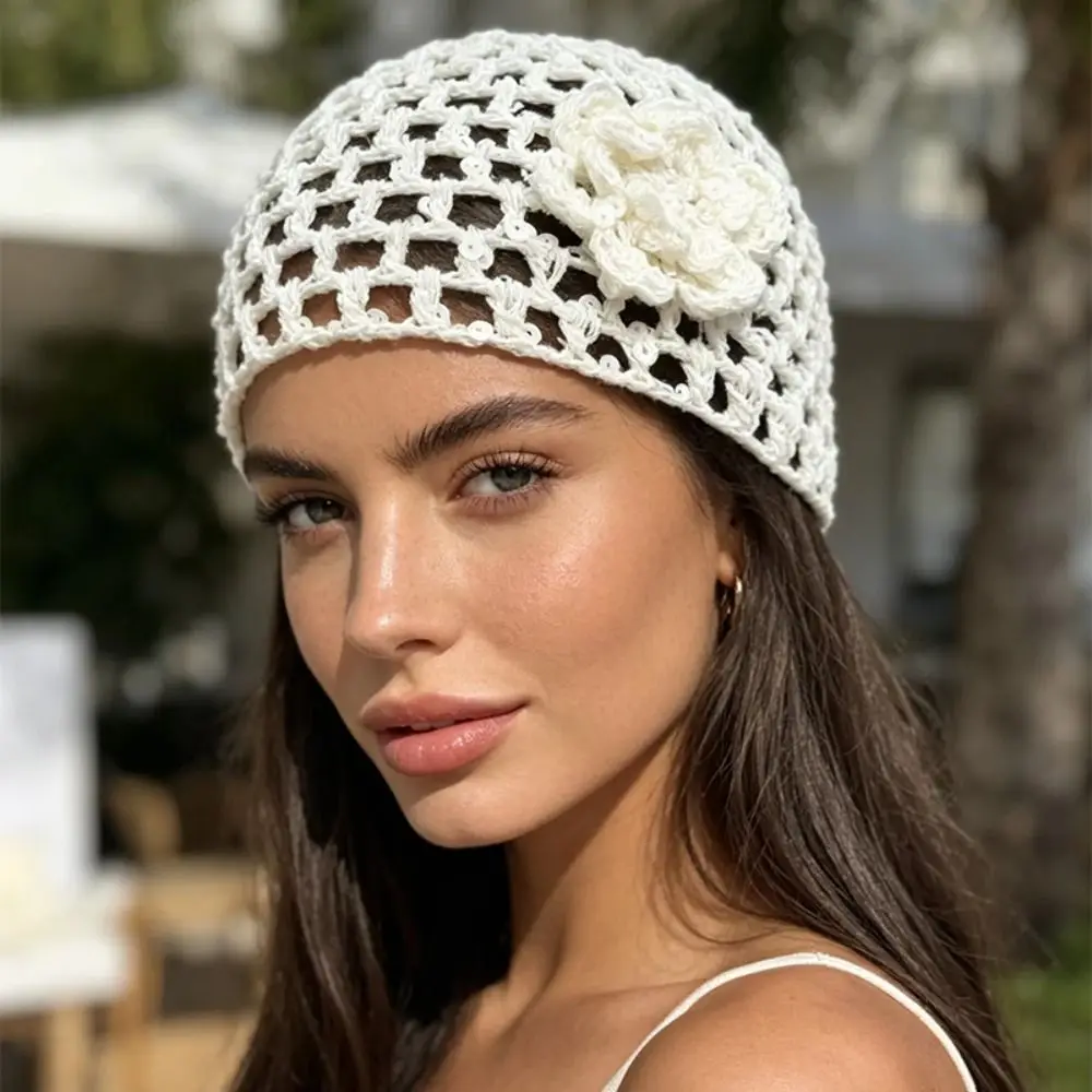 

Cute Elegant Hollowed Out Knitted Hat Thin Solid Color Bohemian Style Beanies Korean Flower Weave Cap Pullover Hat