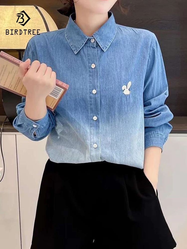 

New Autumn Denim Long Sleeve Shirt, Women Lapel Rabbit Embroidery Top, Mori Girl Fashion Gradient Loose Blouses, Winter T48878QC