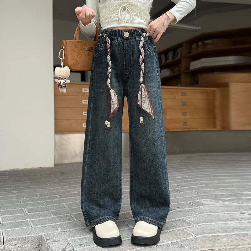 Child Spring Autumn Straight Fit Jeans Trouser For Girls Stylish Loose Blue Denim Pants Kids Casual Wide Leg Trouser with Belt