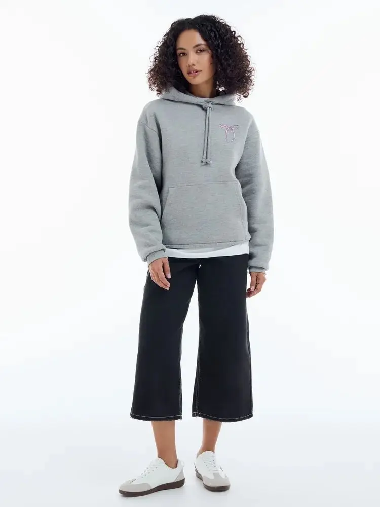 Amerykańska bluza z kapturem w stylu preppy, urocza, z nadrukiem kokardki, szara, zabawna grafika z literami, luźna, oversize, modna jesień, młodzieżowe topy damskie.