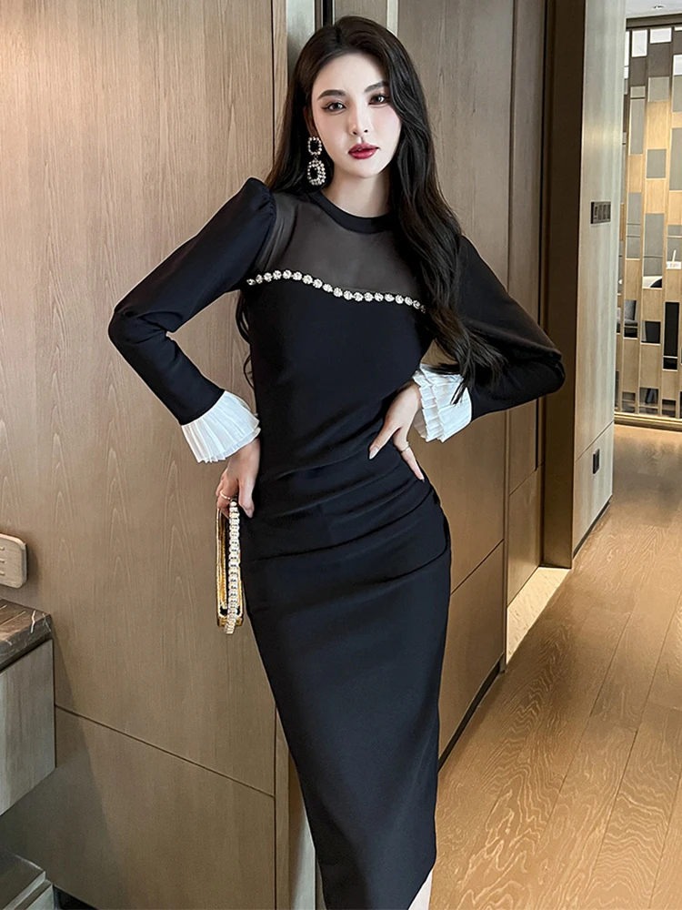 

High Quality Spring Autumn Women Evening Dress Mesh Sheer Sexy O-Neck Slim Midi Party Club Birthday Robe Femme Mujer Vestidos