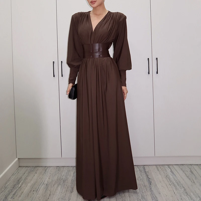 Elegante simples comute vestido longo 2025 outono inverno novo vestido feminino vintage lazer cintura alta plissado puff manga vestido de festa