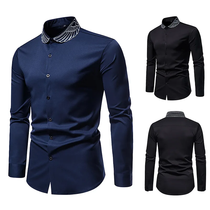 

Men's Long Sleeved Fashionable Button Up Shirt, Wing Embroidered Casual Button Up Shirt, Slim Fitting Formal Shirt