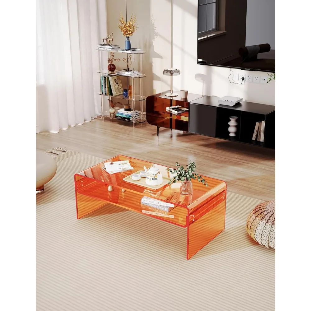 Table basse en acrylique pour salon, table en lucite rectangulaire transparente, étagère de rangement ouverte, design moderne et élégant, orange