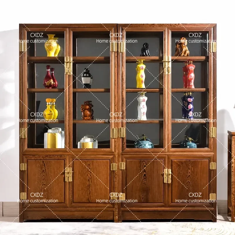 New Chinese Style Wine Cabinet Solid Wood Double Door Glass Display Cabinet for Living Room Antique Storage Partition Shelf