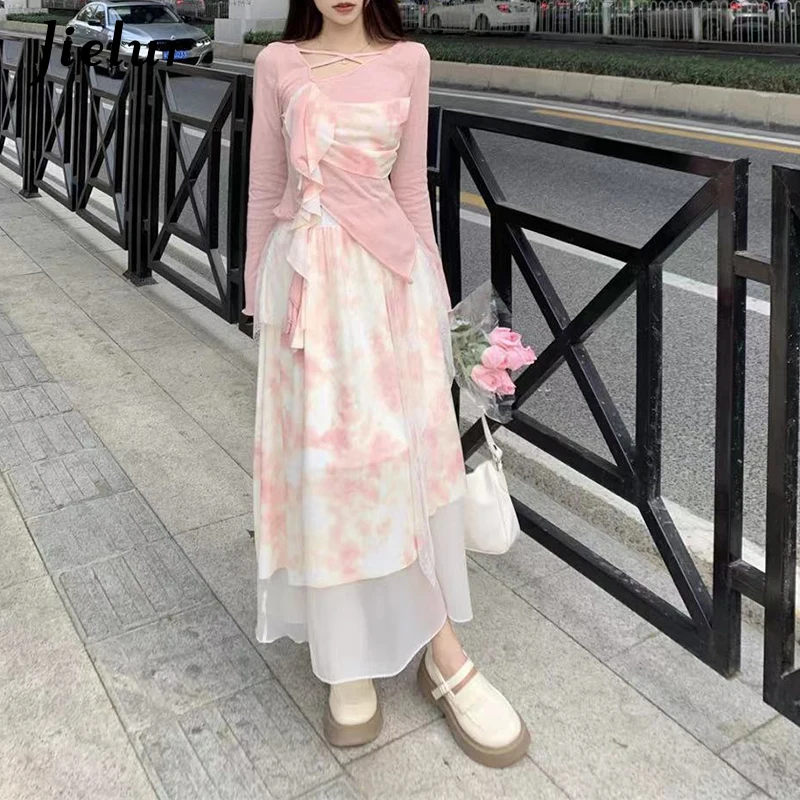 Jielur Spring Fashion Sweet Women Irregular Dress Retro Panel Long Sleeved Top Fragmented Flower Half Skirt Two Piece Set Dress