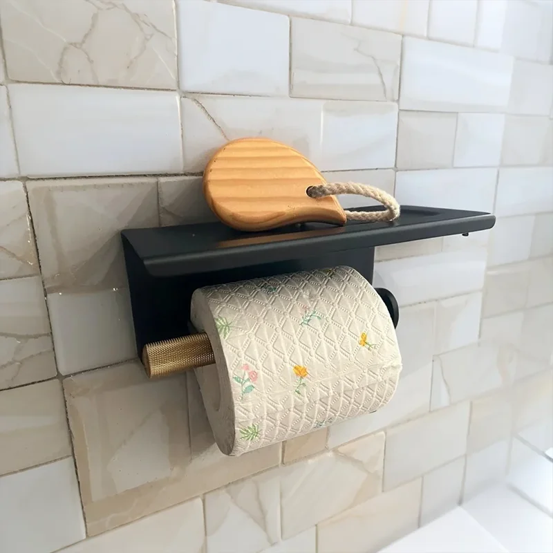 Wall-Mounted Stainless Steel Bathroom Roll Paper Rack Dual Holder Toilet Paper Mobile Phone Stand for Household Use