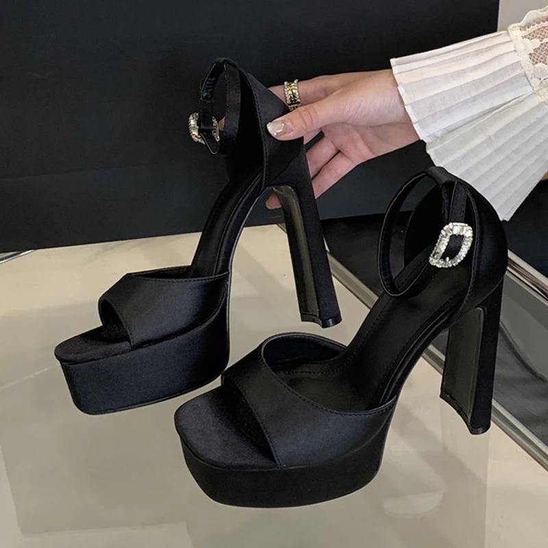 Liyke Runway Style Black High Heels Platform Sandals For Women Cozy Silk Square Toe Buckle Strap Lady Party Dress Shoes Size 40