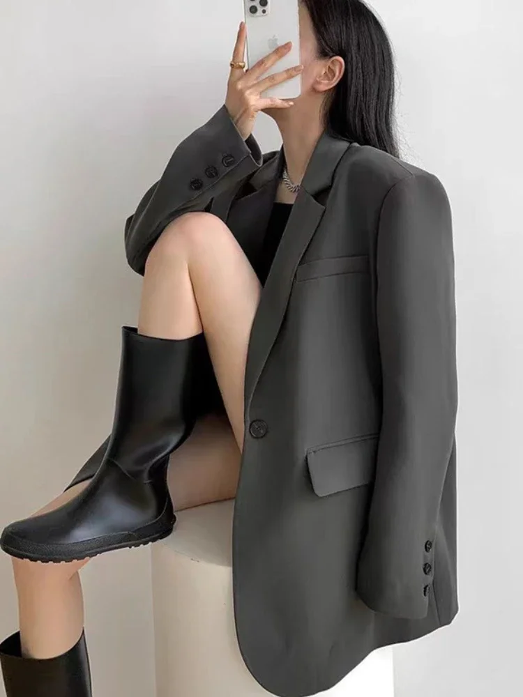Grey Blazers for Women 2025 Spring Black Casual Suit Jacket Office Lady Single Breasted Elegant Solid Female Coat