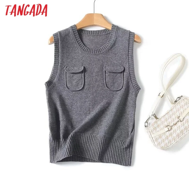 Tangada Spring Women Gray Crop Waistcoat Pocket Female Chic Knitted Vest 4C323