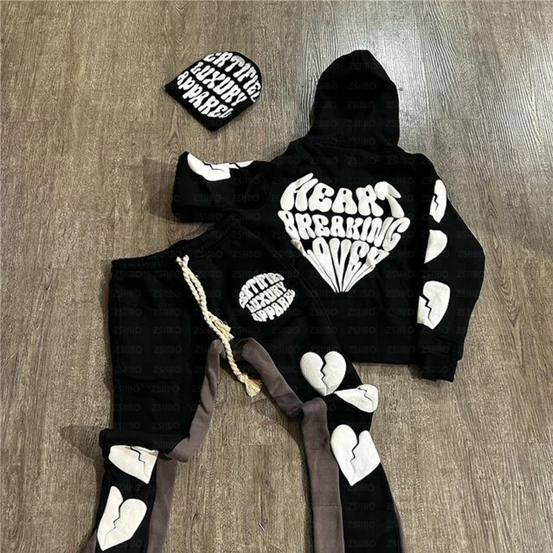 Y2K hoodie Foam Printed Hooded Sweatshirt Jacketed Letter Heart Pattern Long Sleeved Unisex Clothing Men Women Top Sweatpants