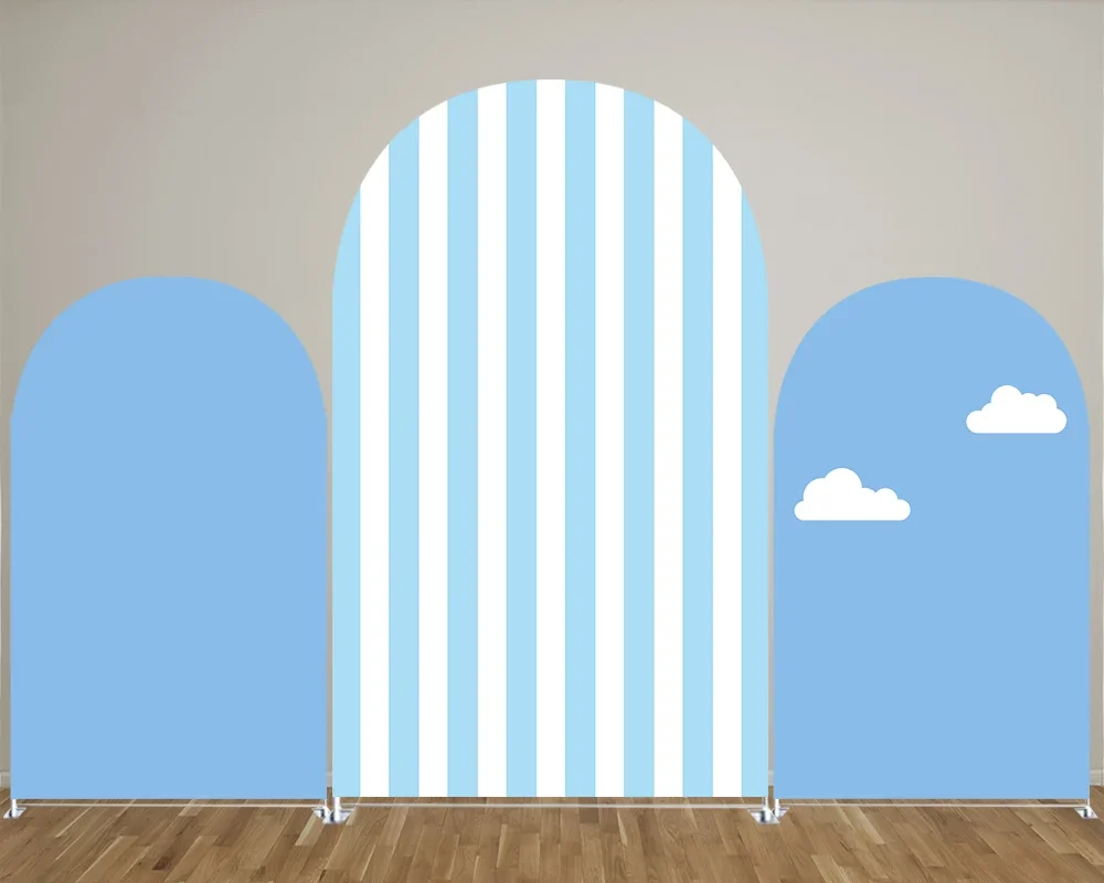 Coperture per fondali ad arco a tema a righe blu chiaro per feste, pannelli ad arco compleanno di nozze e puntelli per decorazioni per feste di Baby Shower