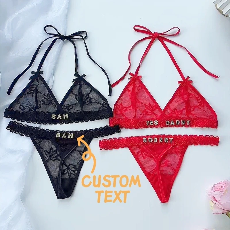 Custom Crystal Letter Name Thong Sexy Lace Tie Neck Bra and Panties Sets Personalized Text Custom G-String Lingerie Sexy Outfit
