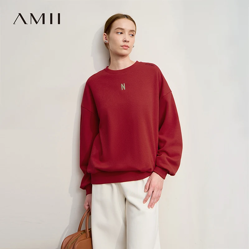 AMII Sweatshirt Woman 2025 Winter New Christmas Loose Long Sleeve Embroidered Versatile Women's Pullover Sweater Top 12514012