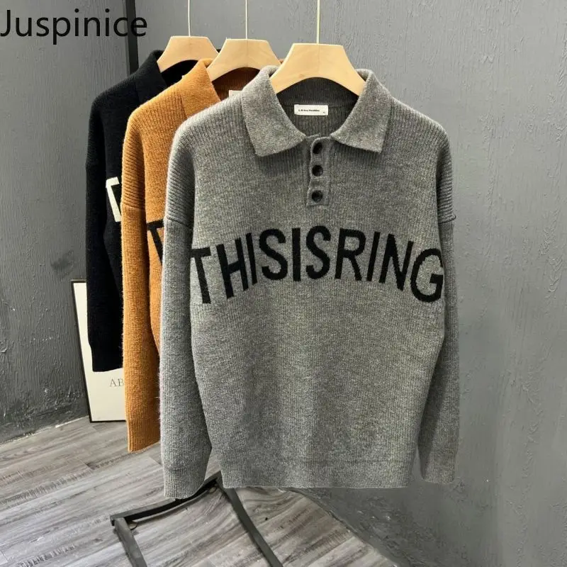 

Autumn Winter Letter Jacquard Lapel Sweater Men's Loose Casual Large Size Personalized Sweaters Men Pullovers Male Clothes
