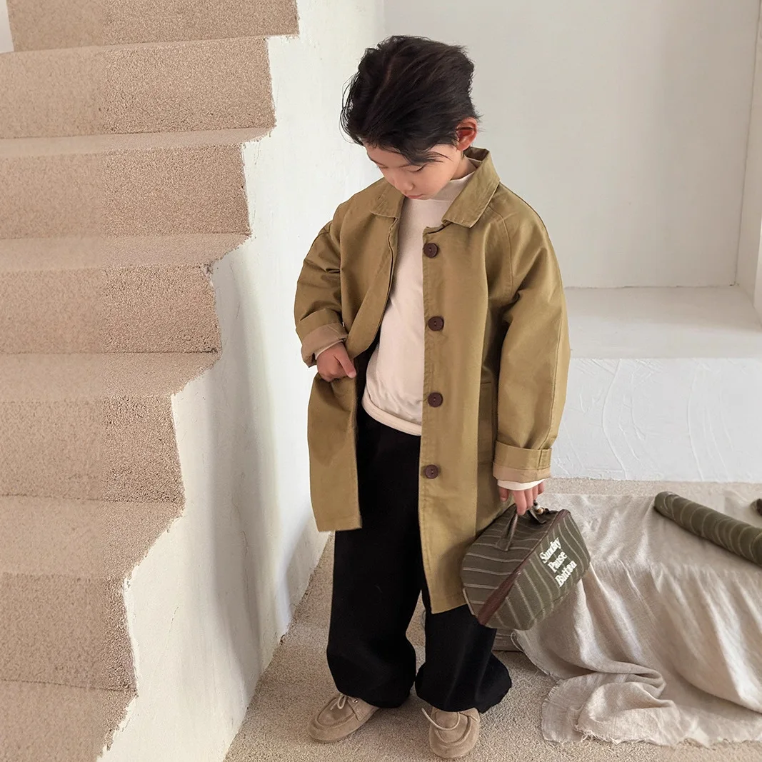 

Детская одежда: Ветровка для мальчиков в корейском стиле, весенне-осеннее стильное пальто средней длины, универсальное повседневное простое пальто