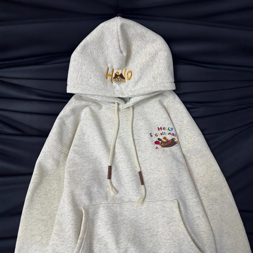 French cute dachshund puppy print hooded sweater women's autumn and winter plus velvet high sense niche casual loose coat