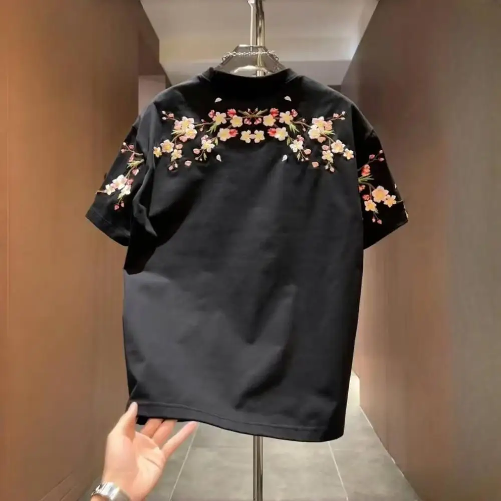 Men Casual T Shirt Floral Embroidery Loose Fitting Short Sleeve Summer Top Unisex Street Style Breathable Quality Fashion Tee